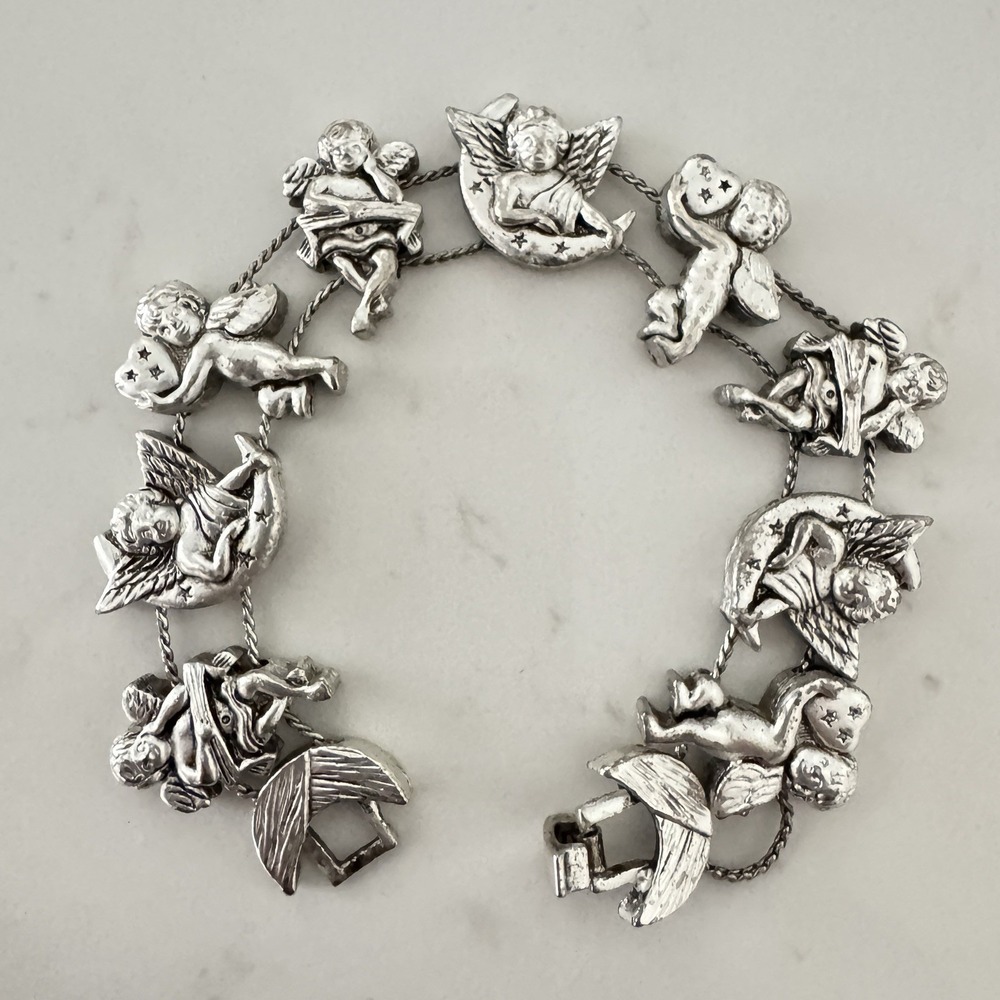 Vintage Angel Cherub Charm Slide Bracelet Silver Tone Moon Stars